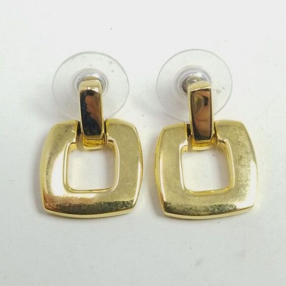 Vintage Anne Klein Gold Tone Square Door Knocker Dangle Stud Earrings, Estate - Picture 1 of 7